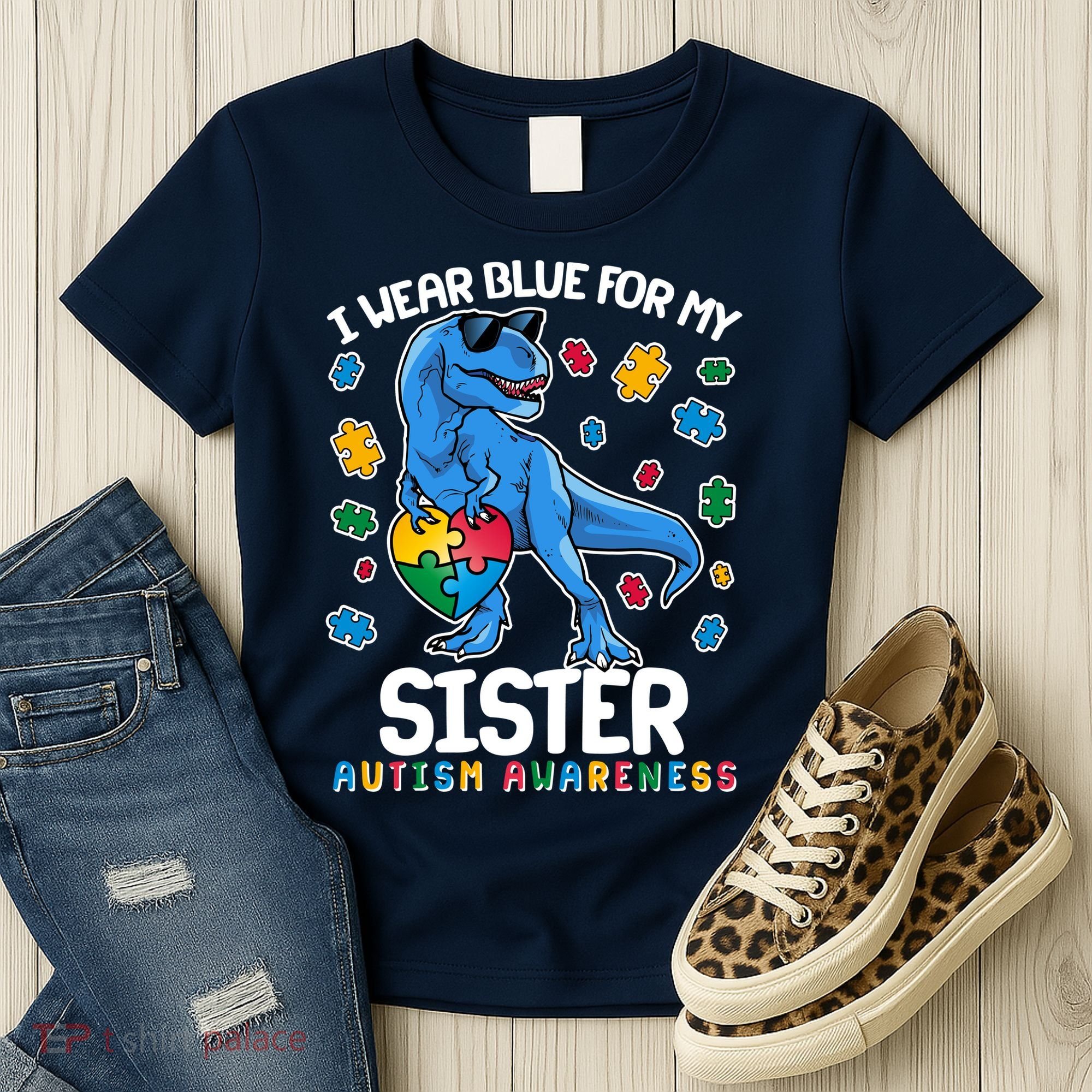 I Wear Blue For My Sister  Autism Awareness T-Rex Dinosaur Women's T-Shirt