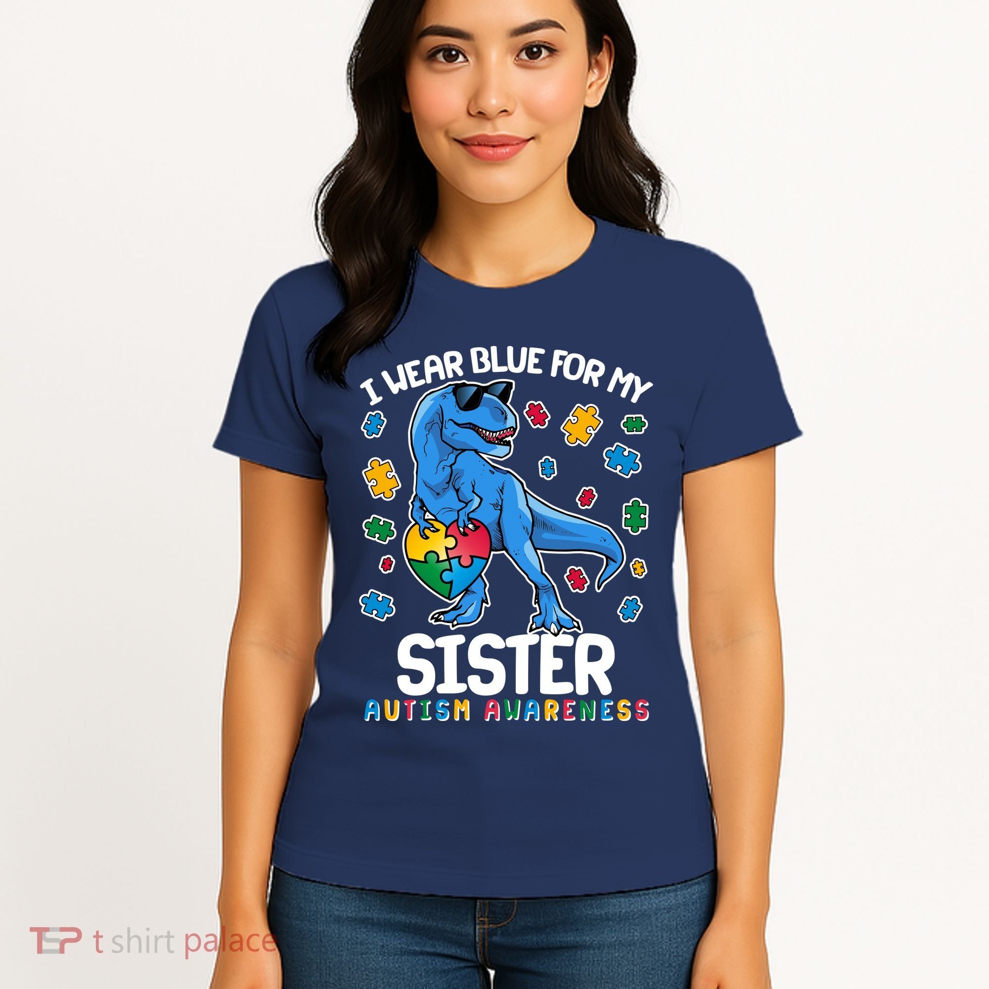 I Wear Blue For My Sister  Autism Awareness T-Rex Dinosaur Women's T-Shirt