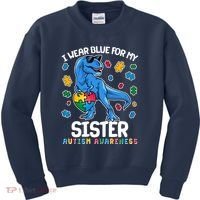 I Wear Blue For My Sister  Autism Awareness T-Rex Dinosaur Kids Sweatshirt thumb 0