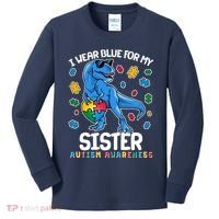 I Wear Blue For My Sister  Autism Awareness T-Rex Dinosaur Kids Long Sleeve Shirt thumb 0