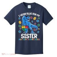 I Wear Blue For My Sister  Autism Awareness T-Rex Dinosaur Kids T-Shirt thumb 0