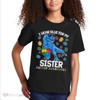 I Wear Blue For My Sister  Autism Awareness T-Rex Dinosaur Kids T-Shirt thumb 2