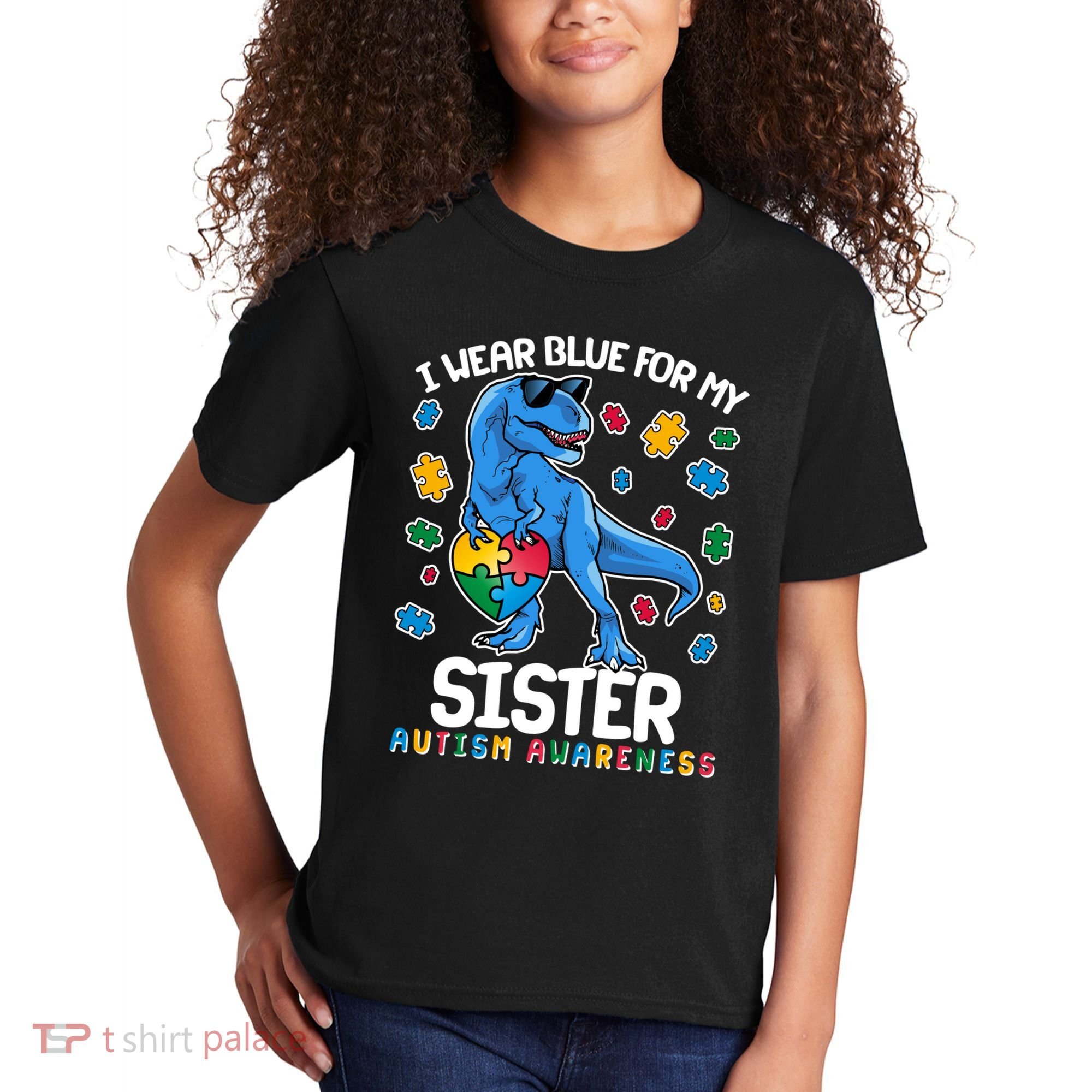 I Wear Blue For My Sister  Autism Awareness T-Rex Dinosaur Kids T-Shirt