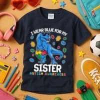 I Wear Blue For My Sister  Autism Awareness T-Rex Dinosaur Kids T-Shirt thumb 3