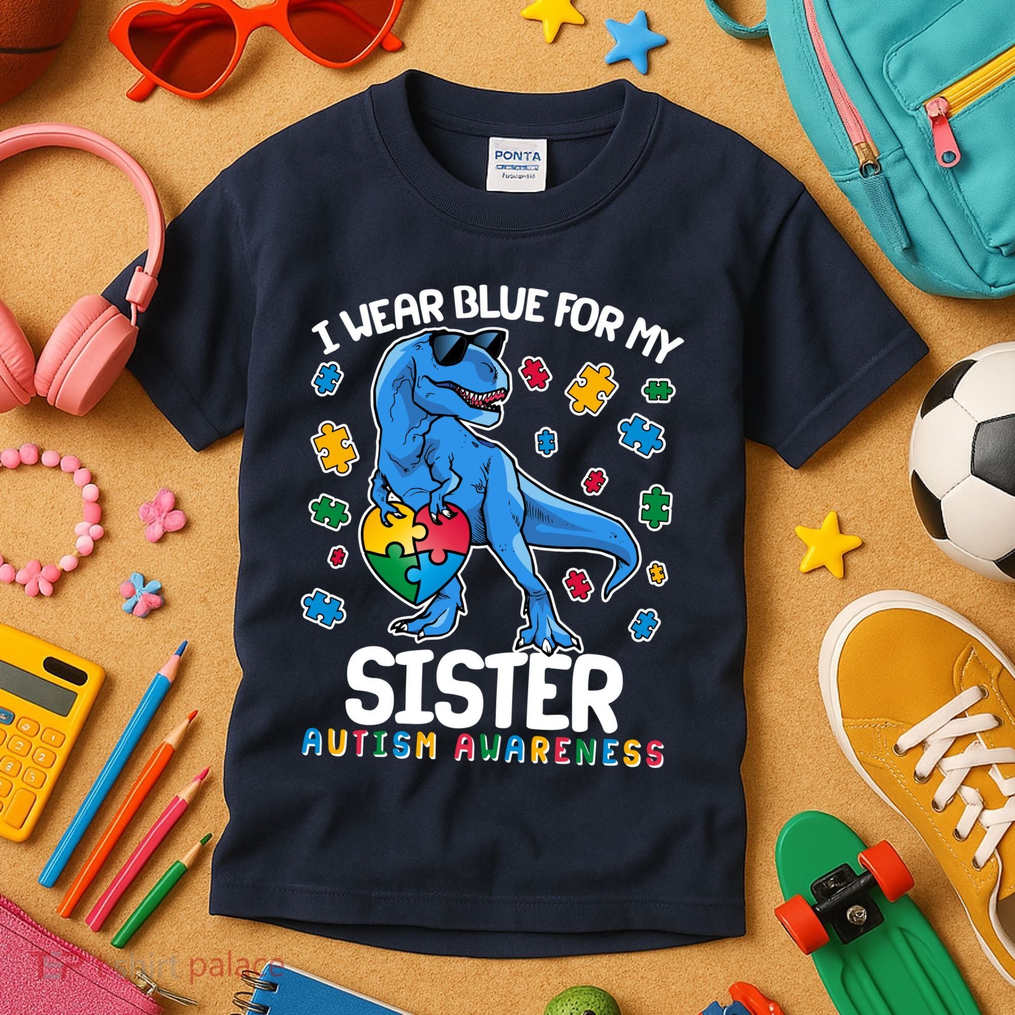 I Wear Blue For My Sister  Autism Awareness T-Rex Dinosaur Kids T-Shirt