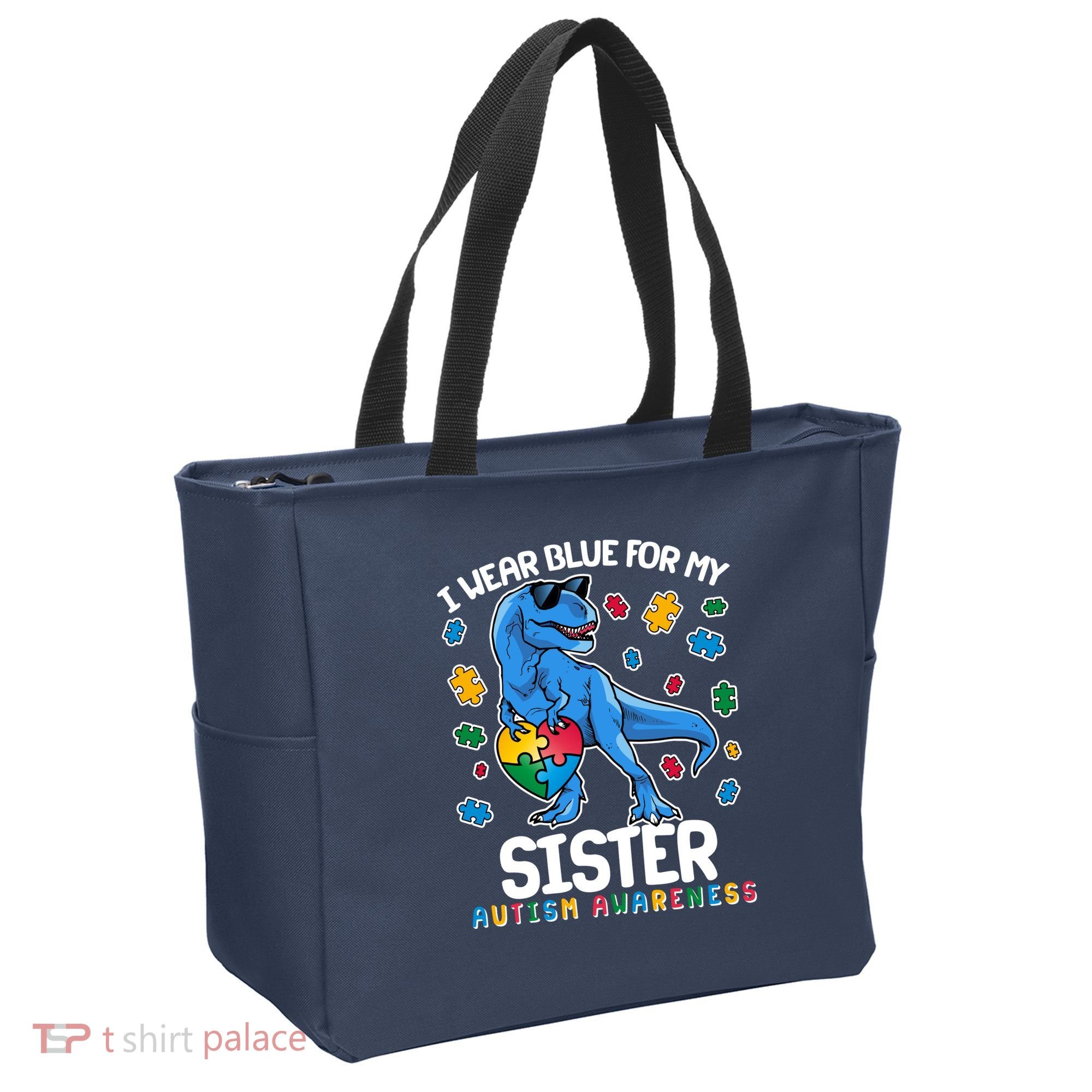 I Wear Blue For My Sister  Autism Awareness T-Rex Dinosaur Tote Bag