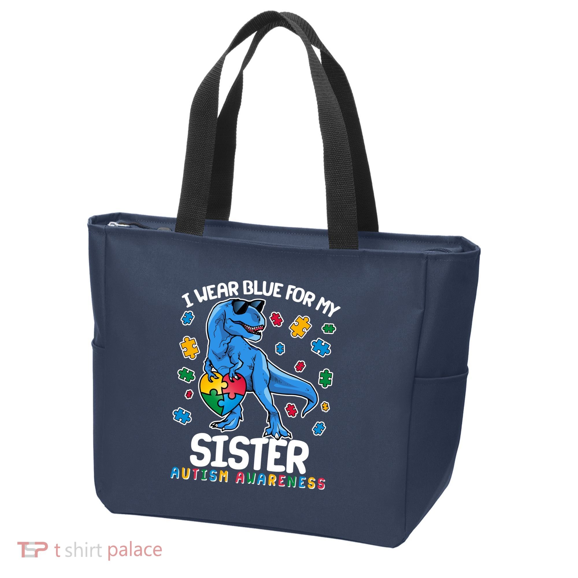 I Wear Blue For My Sister  Autism Awareness T-Rex Dinosaur Tote Bag