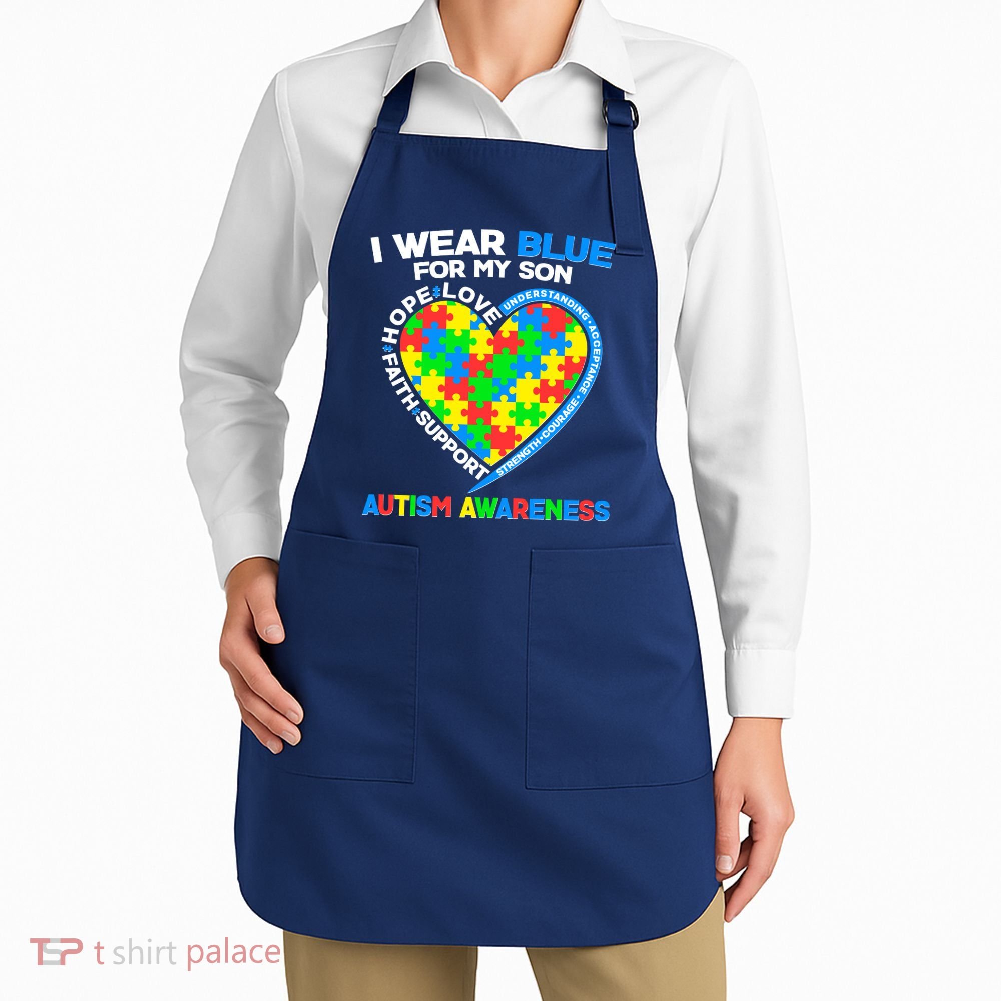 I Wear Blue For My Son Autism Awareness Heart Puzzle  Apron