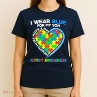 I Wear Blue For My Son Autism Awareness Heart Puzzle  T-Shirt thumb 4