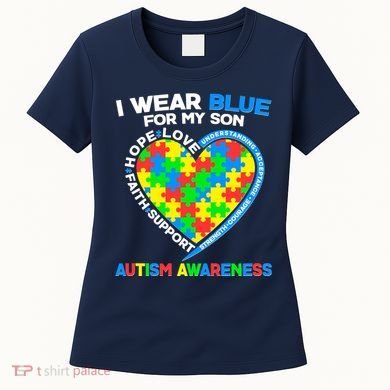 I Wear Blue For My Son Autism Awareness Heart Puzzle  Women's T-Shirt