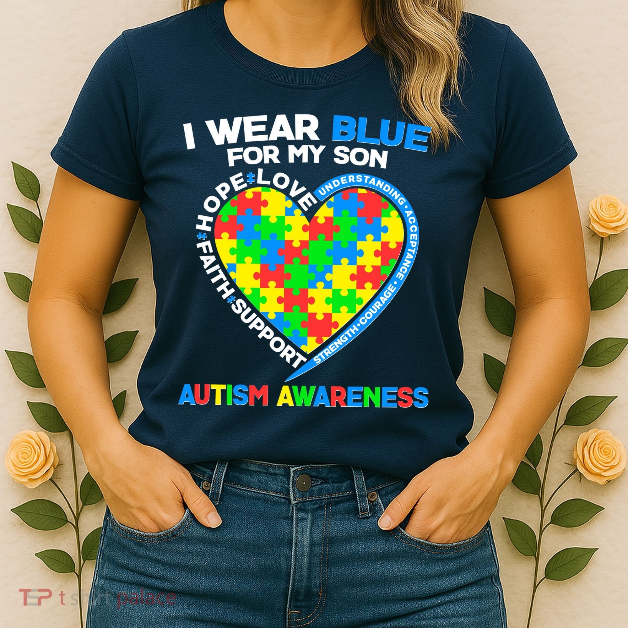 I Wear Blue For My Son Autism Awareness Heart Puzzle  Women's T-Shirt
