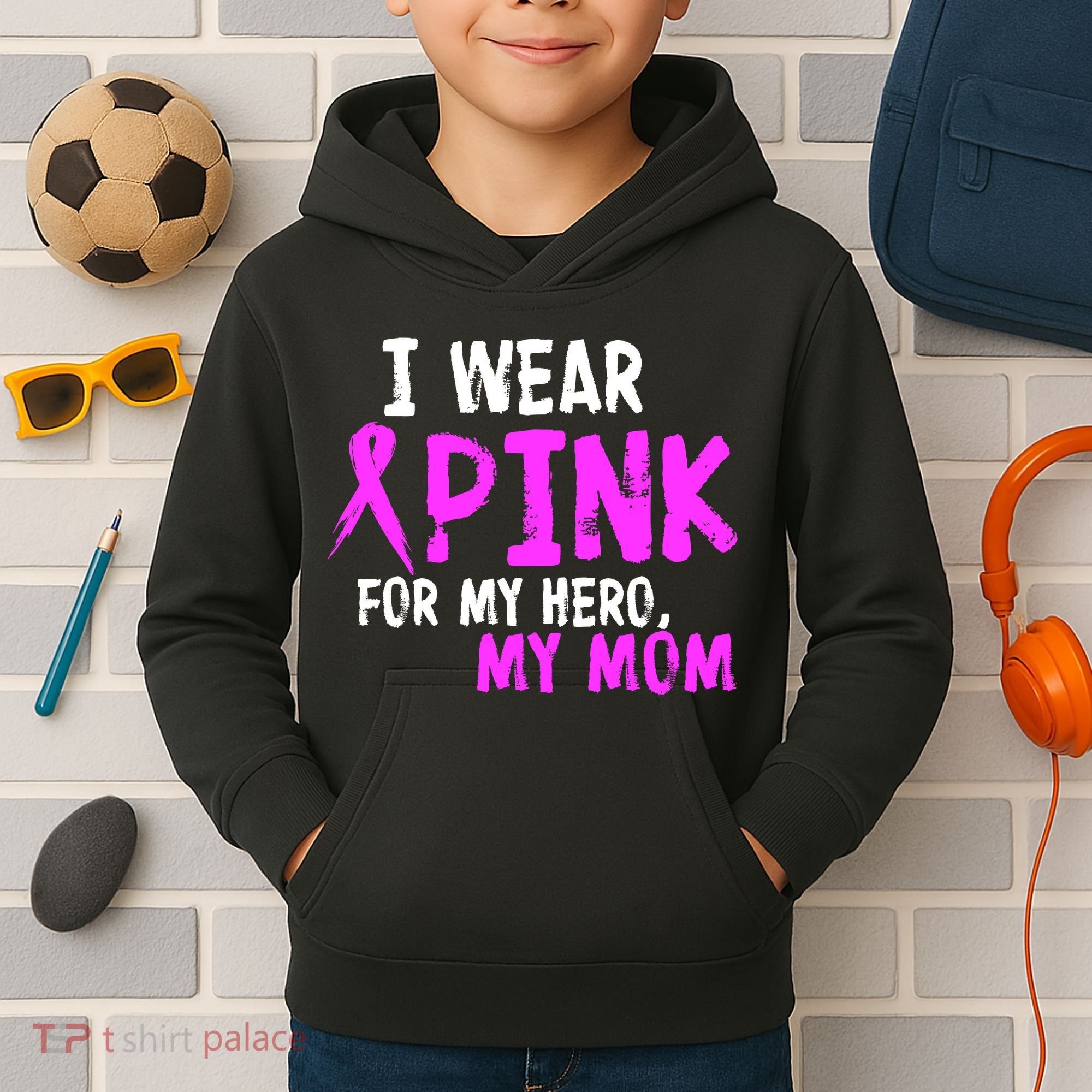 I Wear Pink For My Hero My Mom Kids Hoodie