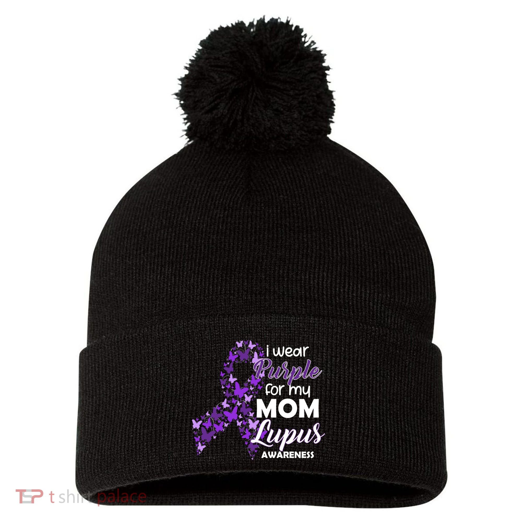 I Wear Purple For My Mom Lupus Awareness Pom Pom 12in Knit Beanie