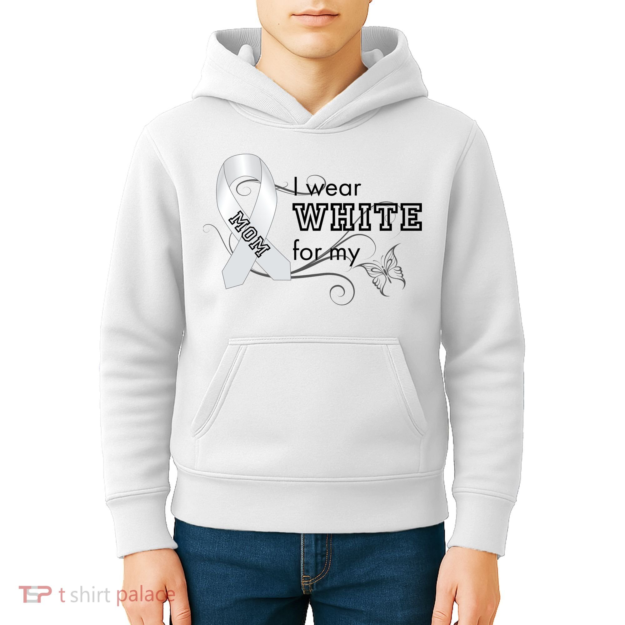 I Wear White For My Mom Lung Cancer Awareness Kids Hoodie