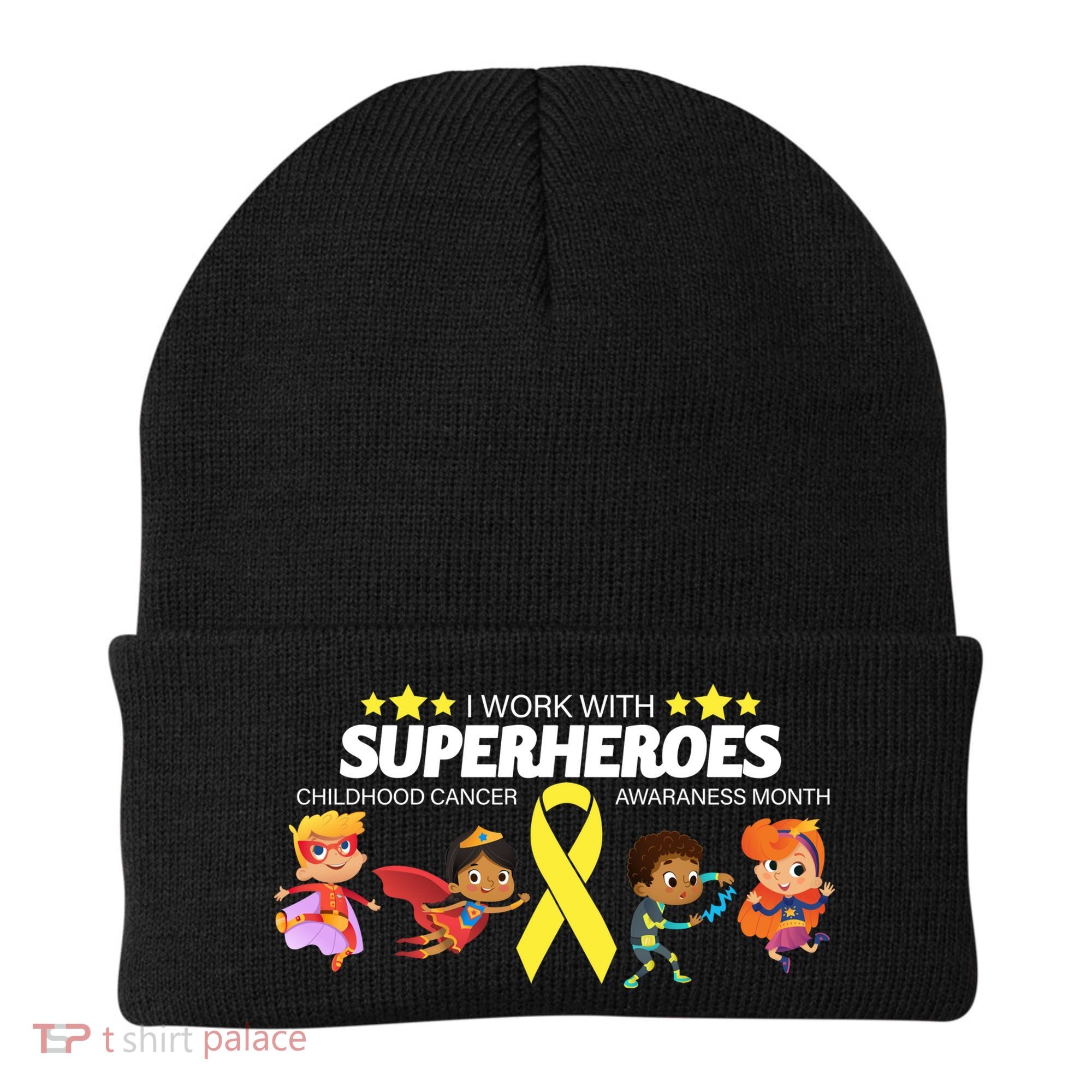 I Work With Superheroes Childhood Cancer Awareness Beanie