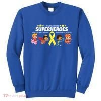 I Work With Superheroes Childhood Cancer Awareness Sweatshirt thumb 0