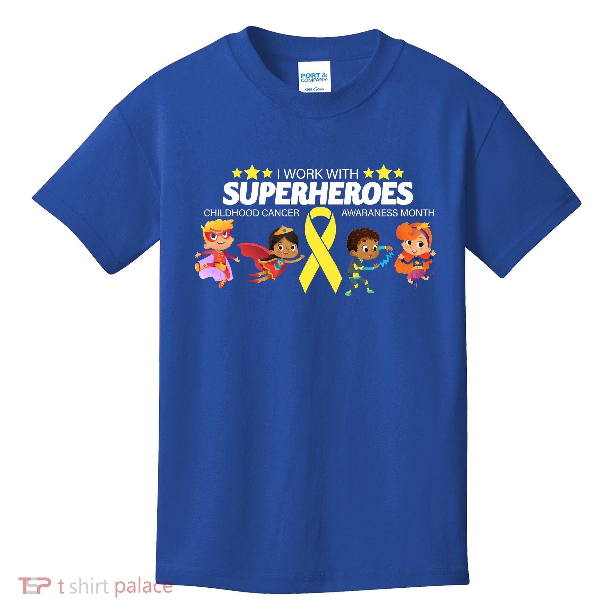 I Work With Superheroes Childhood Cancer Awareness Kids T-Shirt