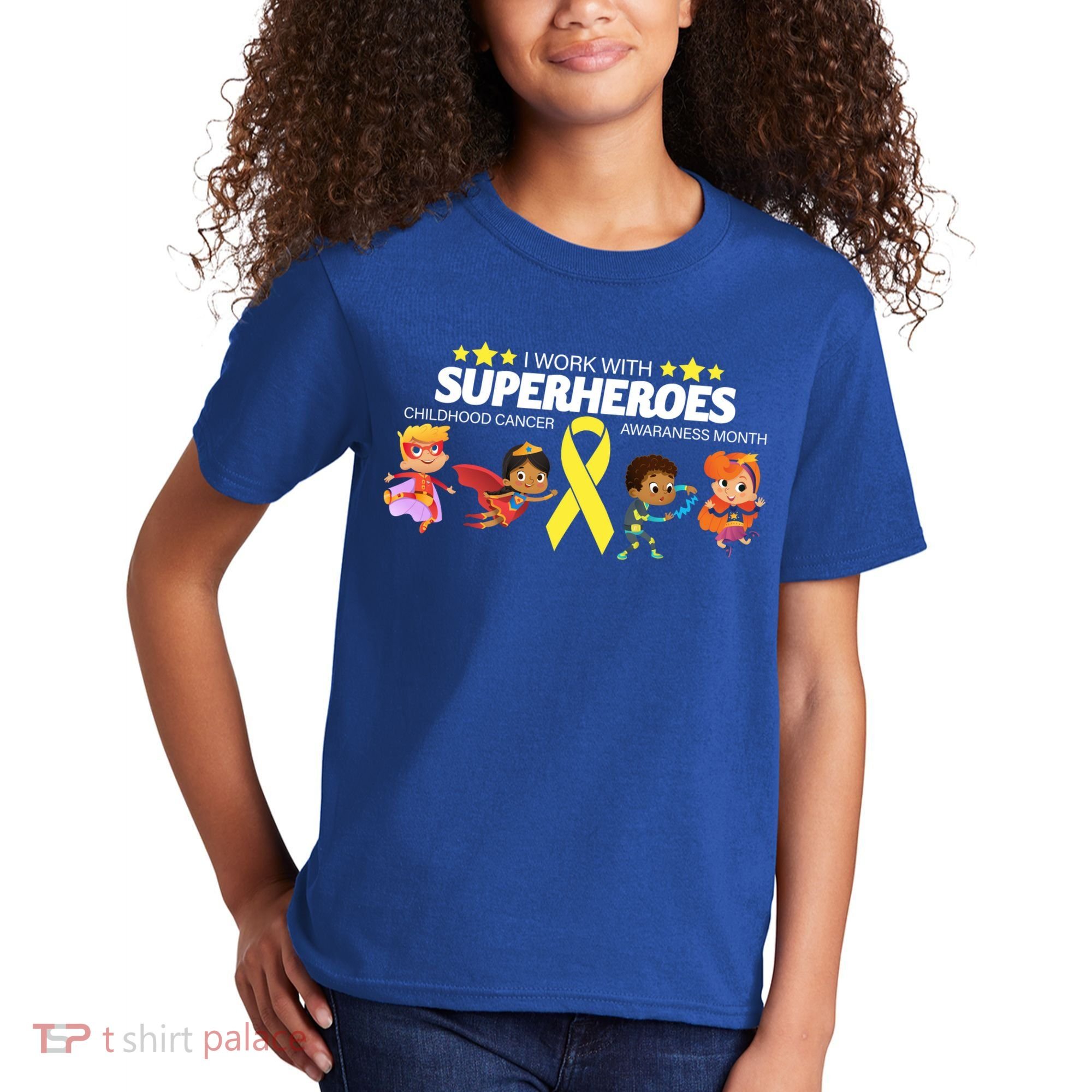 I Work With Superheroes Childhood Cancer Awareness Kids T-Shirt