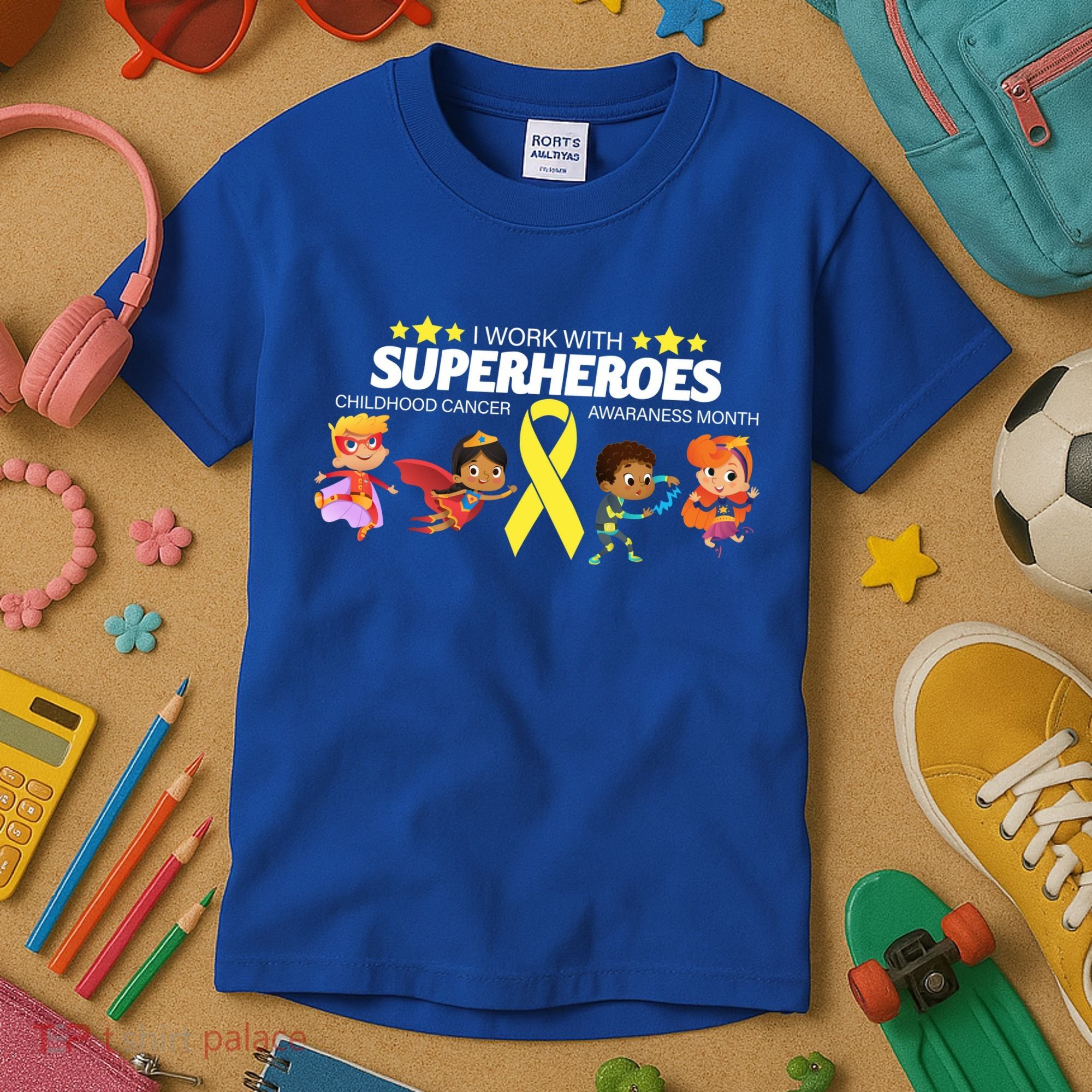 I Work With Superheroes Childhood Cancer Awareness Kids T-Shirt