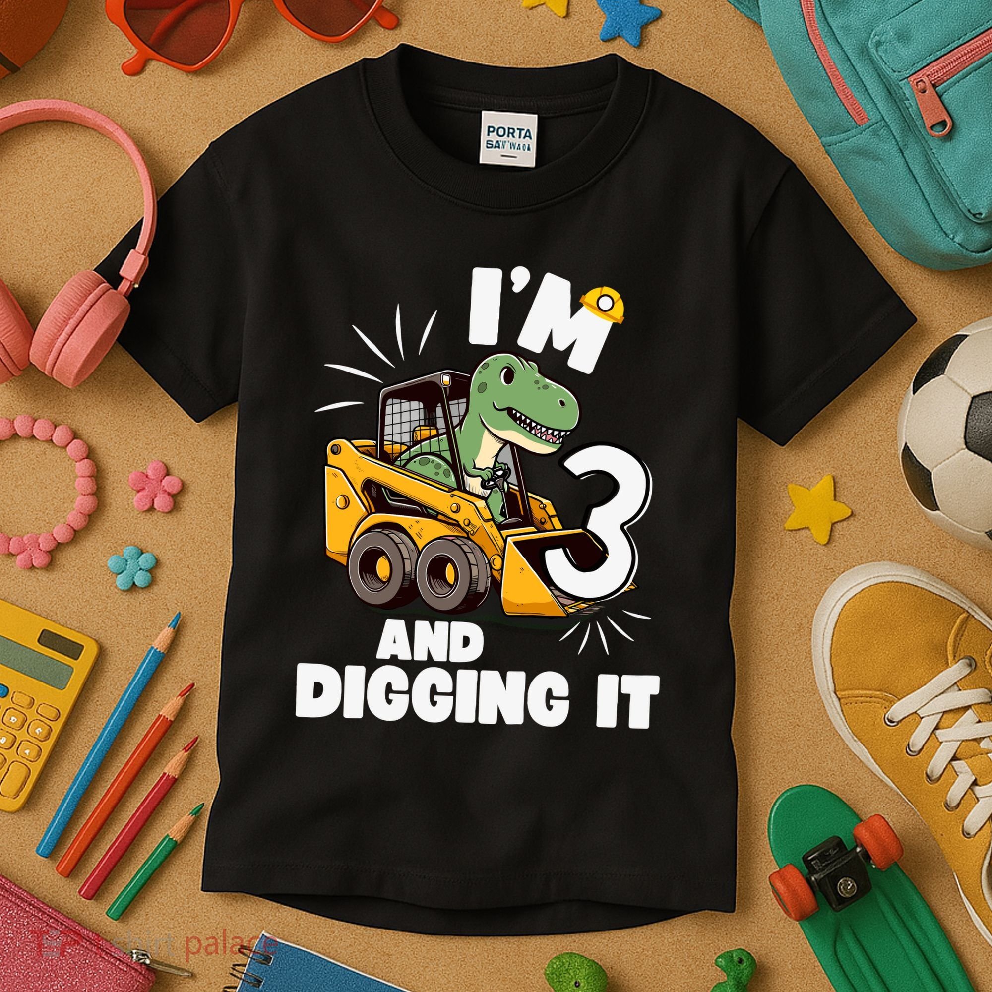 IM 3 And Digging It 3rd Birthday Dinosaur Construction Kids T-Shirt