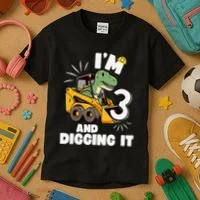 IM 3 And Digging It 3rd Birthday Dinosaur Construction Kids T-Shirt thumb 3