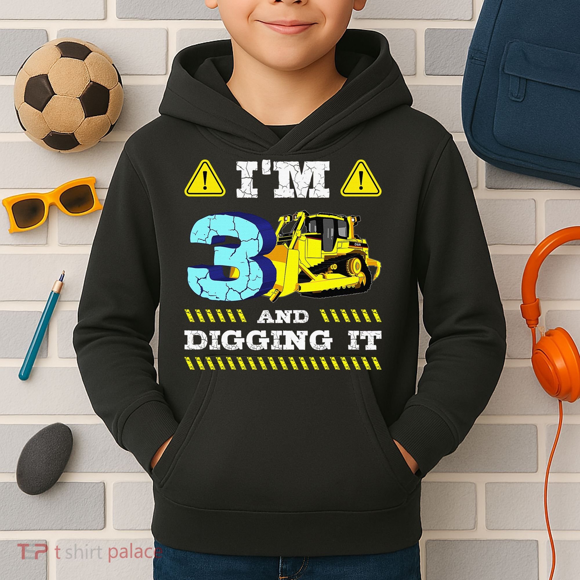 I'm 3 And Digging It Construction Excavator 3rd Birthday Kids Hoodie