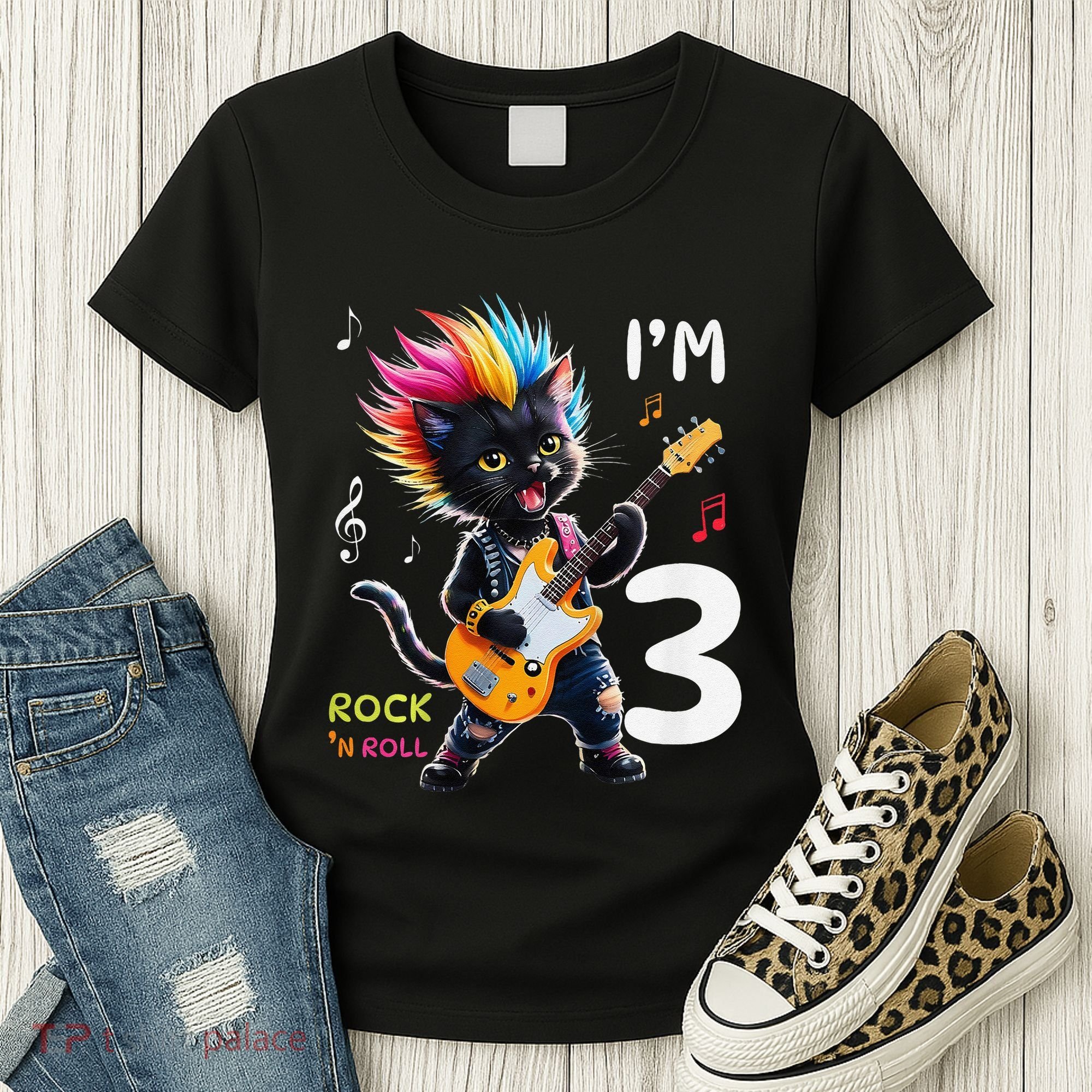 IM 3 Punk Cat RockN Roll Guitar Cat 3rd Birthday Boy Women's T-Shirt