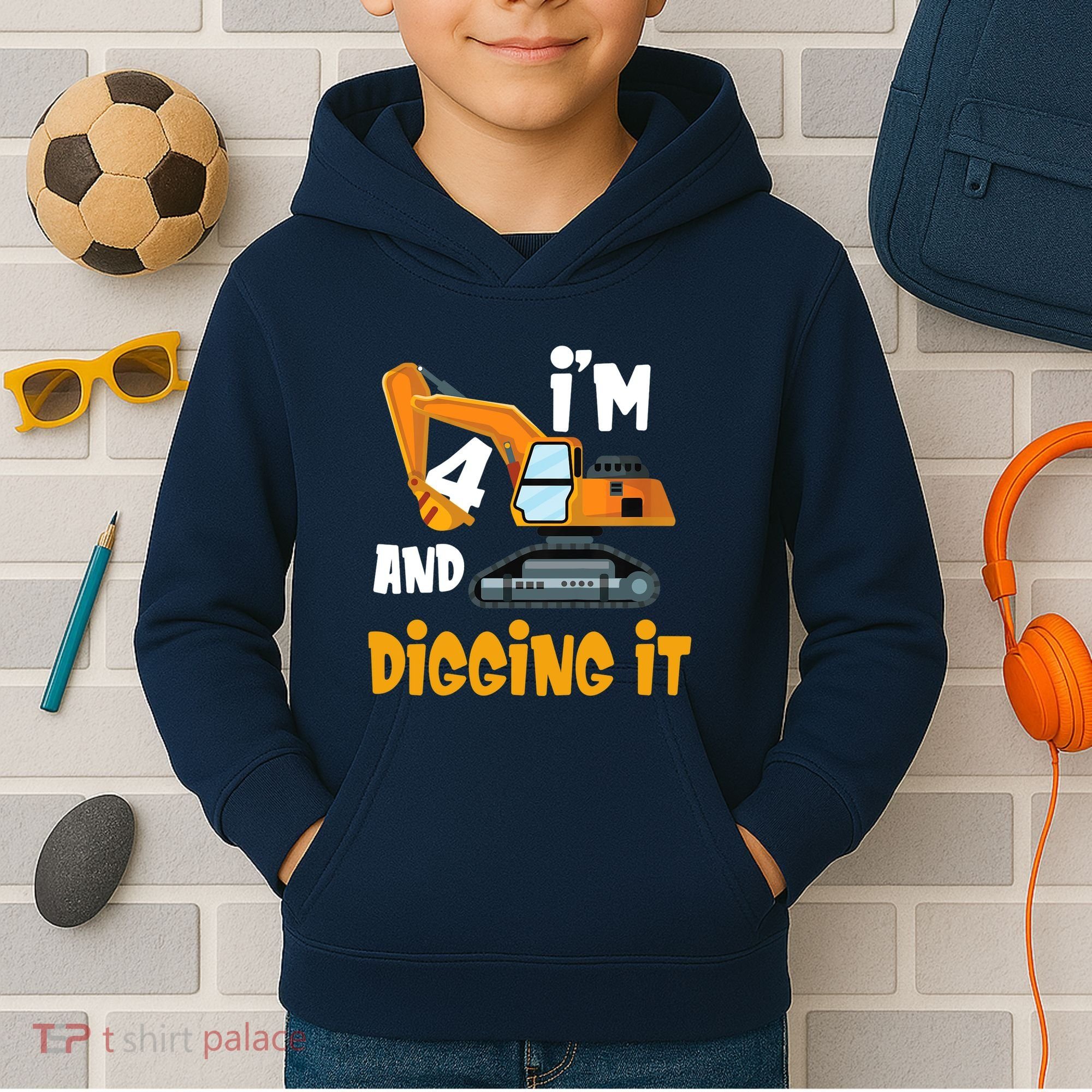  I'm 4 and digging it Excavator 4th Birthday Boy Gift I'm 4 Kids Hoodie