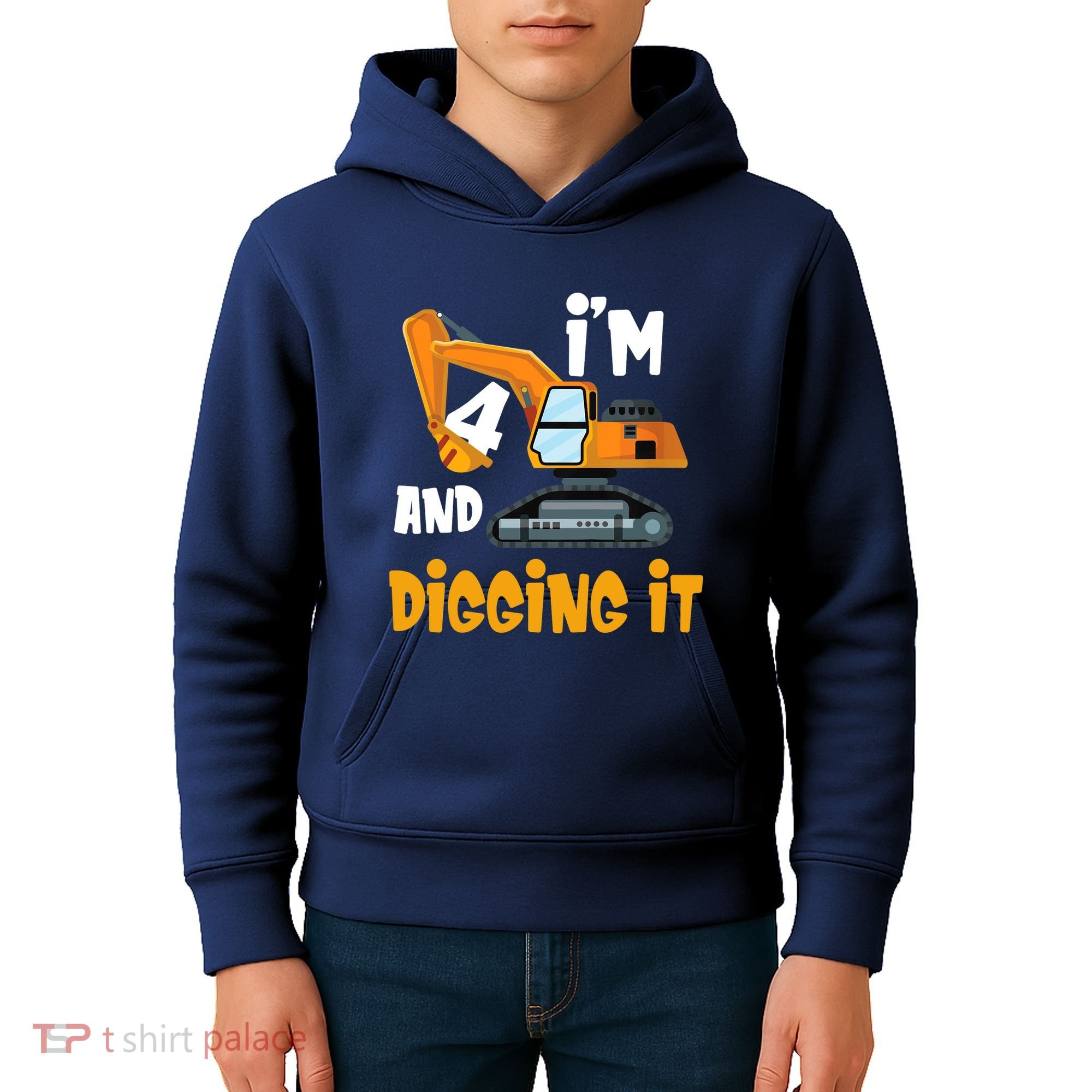  I'm 4 and digging it Excavator 4th Birthday Boy Gift I'm 4 Kids Hoodie