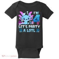 I'm 4 Let's Party A Lotl 4th Birthday Cute Axolotl Lovers Baby Bodysuit thumb 0