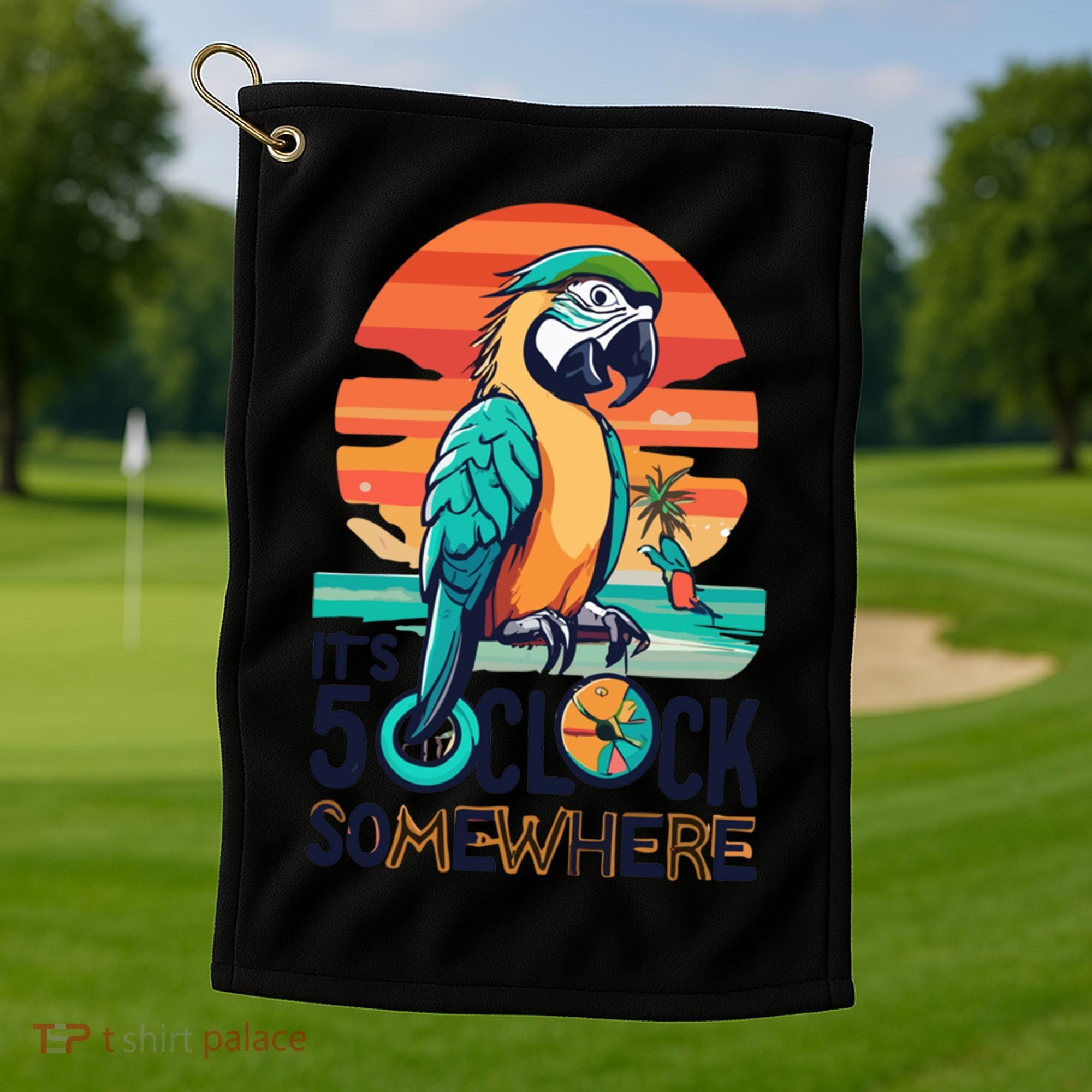 It's 5 O’Clock Somewhere Parrot Summer Beach Sunset Gift Golf Towel
