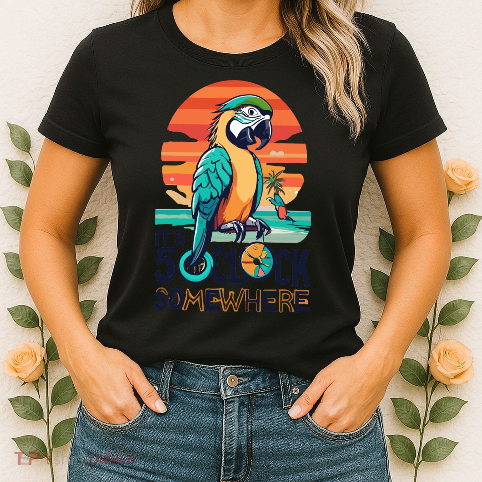 It's 5 O’Clock Somewhere Parrot Summer Beach Sunset Gift Women's T-Shirt