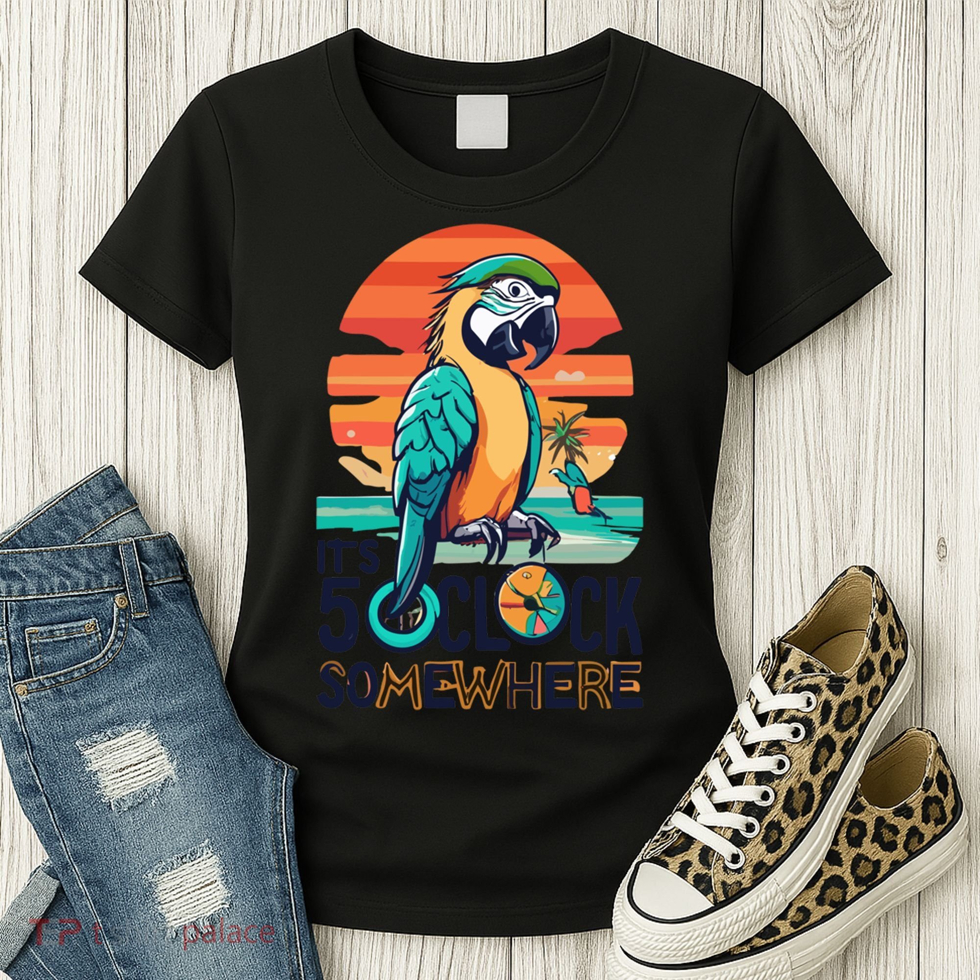 It's 5 O’Clock Somewhere Parrot Summer Beach Sunset Gift Women's T-Shirt