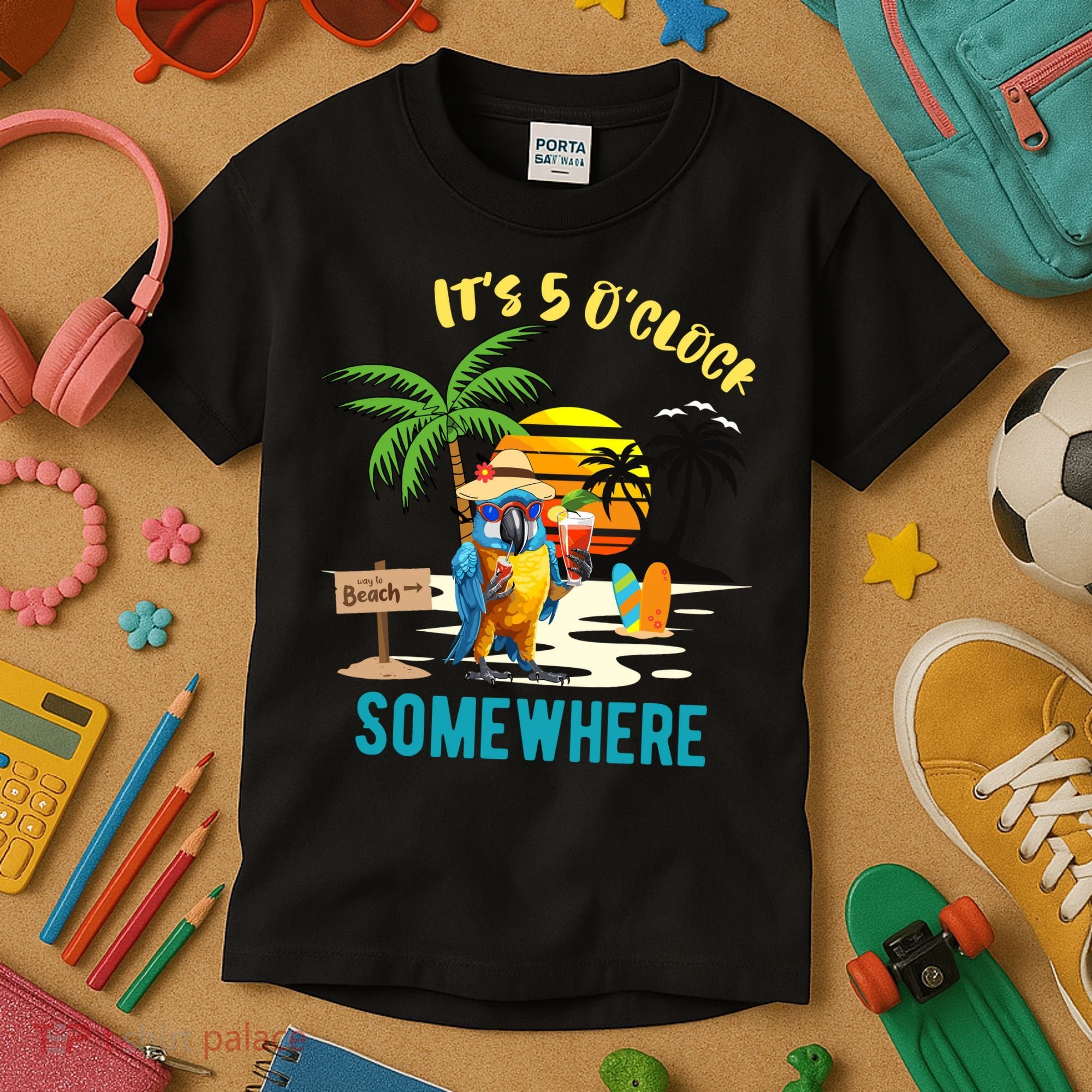 ItS 5 O’Clock Somewhere Parrot Sunset Drinking Kids T-Shirt