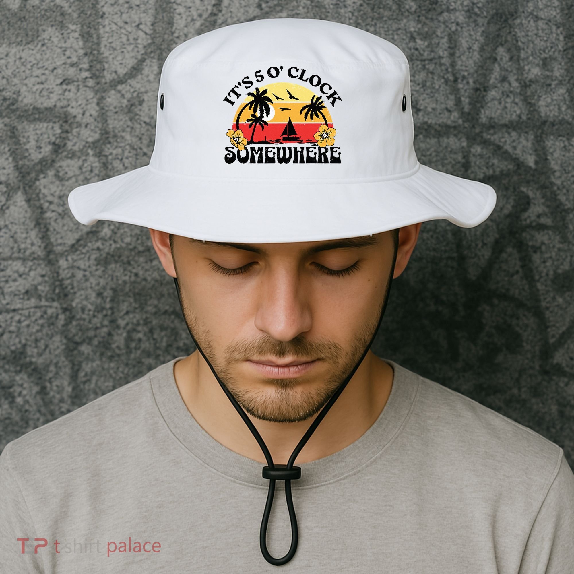 Its 5 O’clock Somewhere Summer Retro Sunset Drinking Bucket Hat