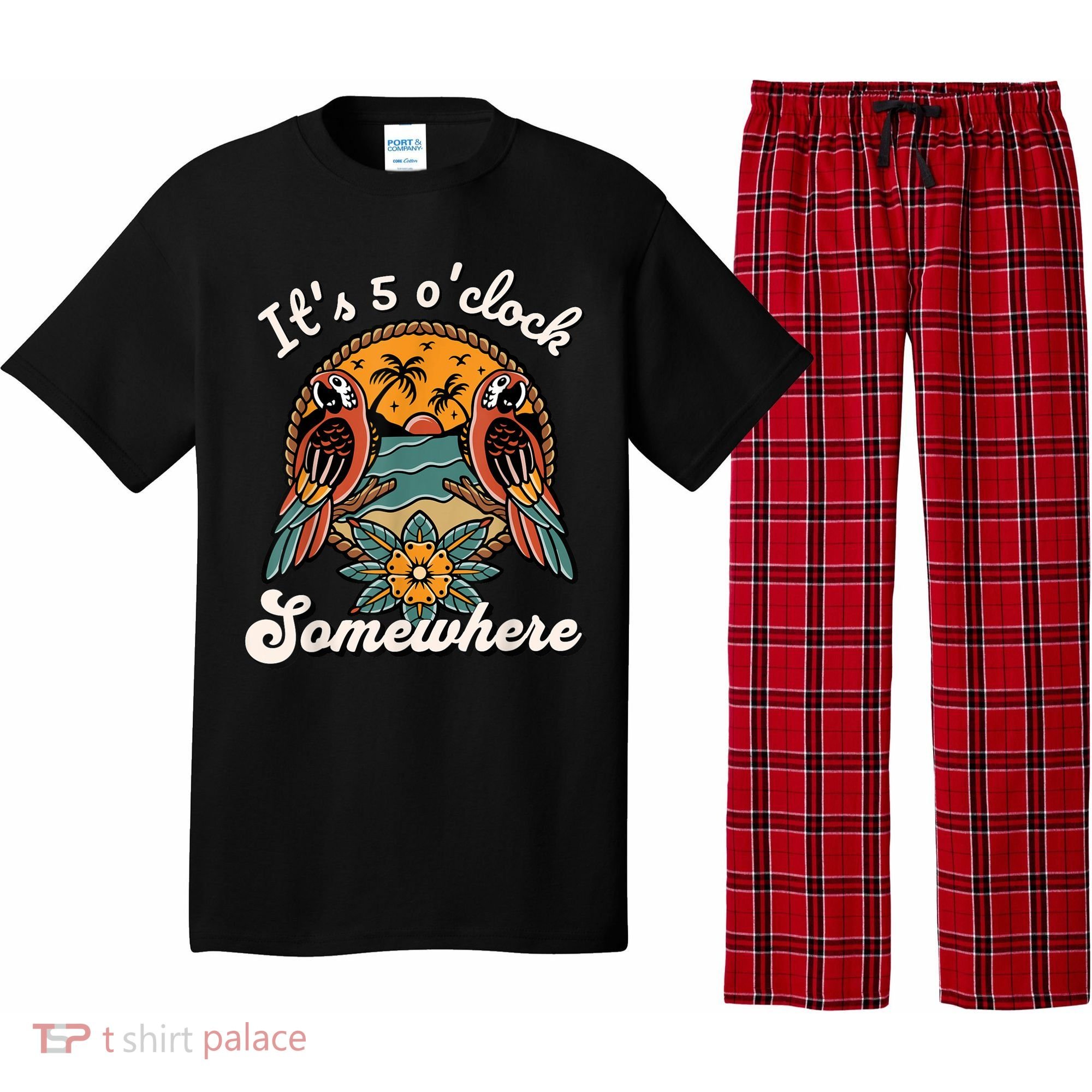 Its 5 O’clock Somewhere Parrot Summer Beach Sunset Drinking Pajama Set
