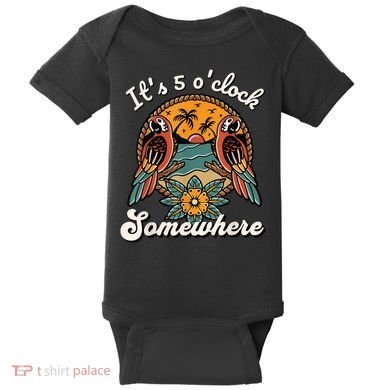 Its 5 O’clock Somewhere Parrot Summer Beach Sunset Drinking Baby Bodysuit