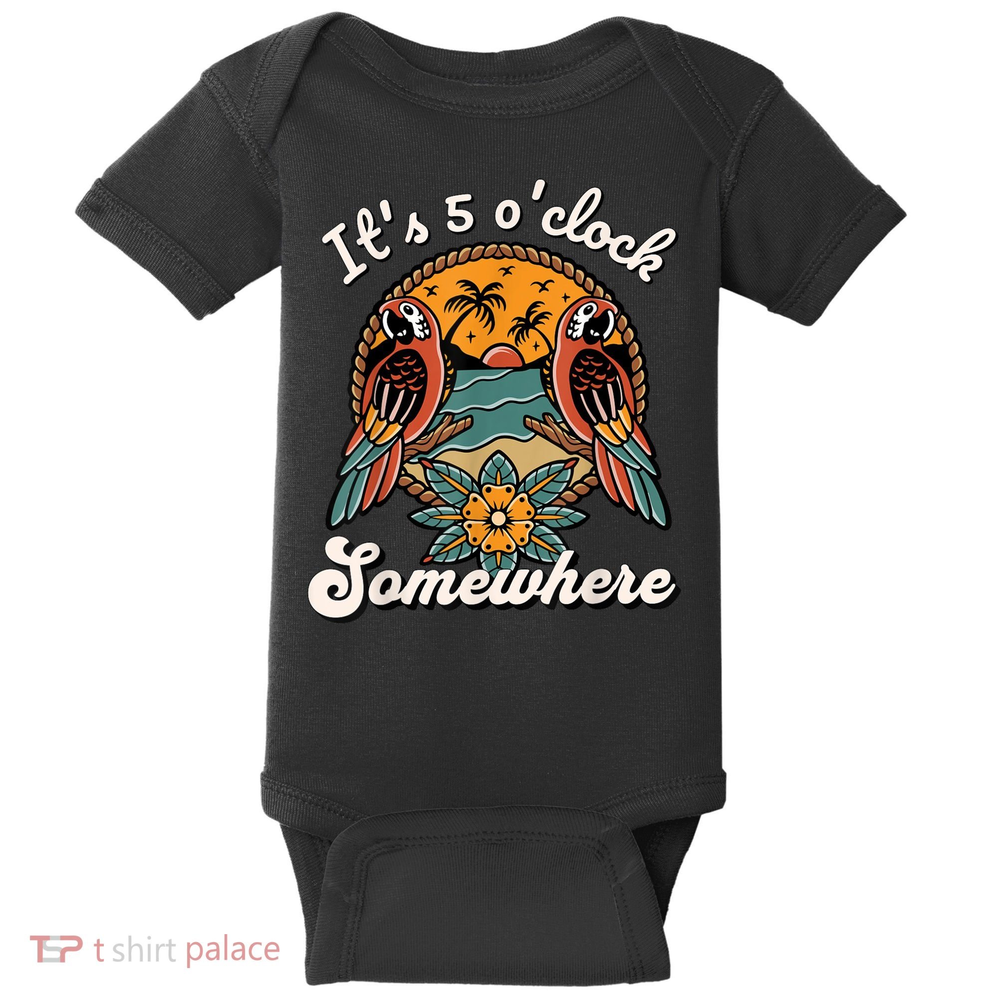 Its 5 O’clock Somewhere Parrot Summer Beach Sunset Drinking Baby Bodysuit