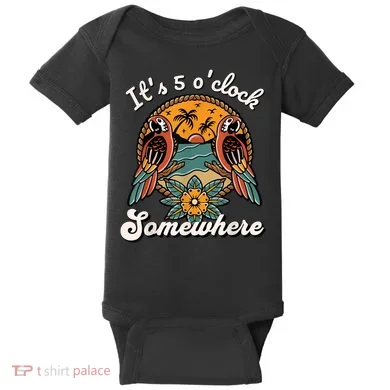 Its 5 O’clock Somewhere Parrot Summer Beach Sunset Drinking Baby Bodysuit