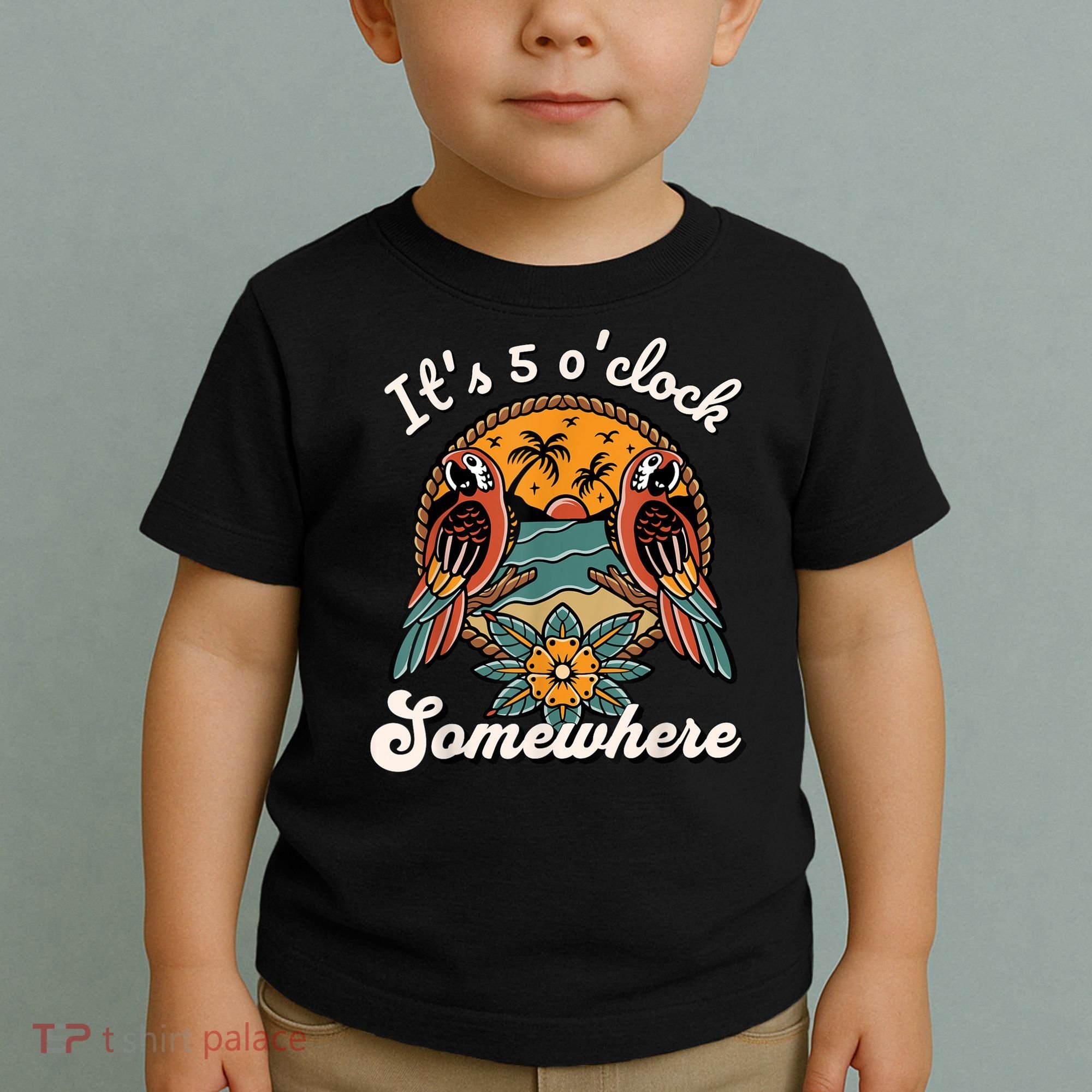 Its 5 O’clock Somewhere Parrot Summer Beach Sunset Drinking Toddler T-Shirt