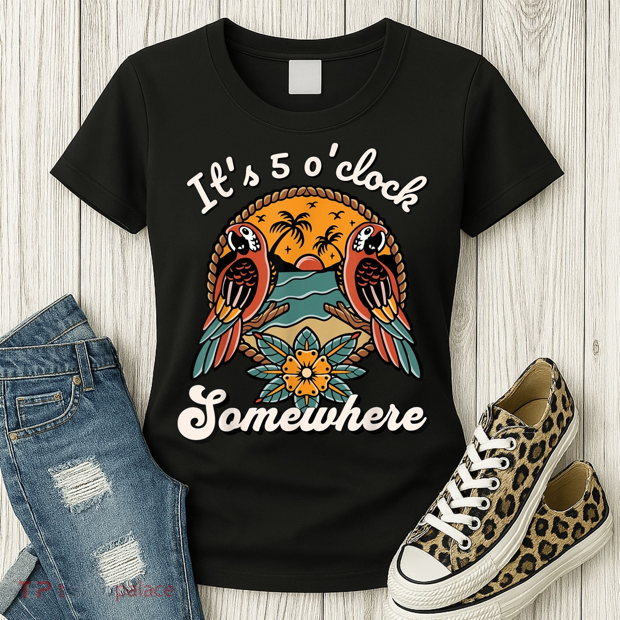 Its 5 O’clock Somewhere Parrot Summer Beach Sunset Drinking Women's T-Shirt