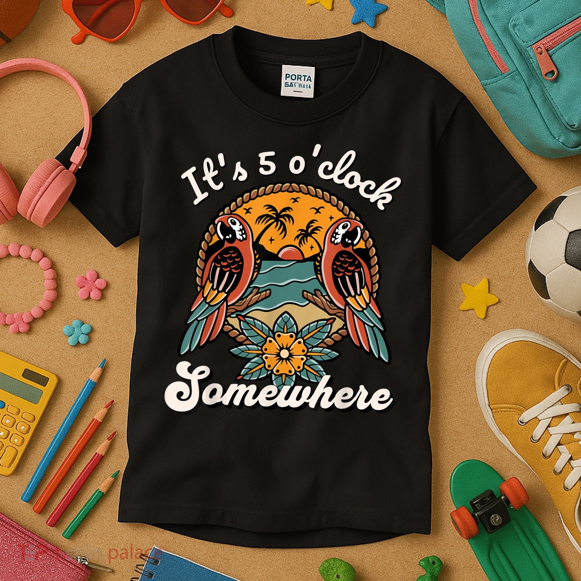 Its 5 O’clock Somewhere Parrot Summer Beach Sunset Drinking Kids T-Shirt