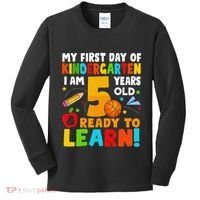Im 5 Ready To Learn My First Day Of School Kindergarten Kids Long Sleeve Shirt thumb 0