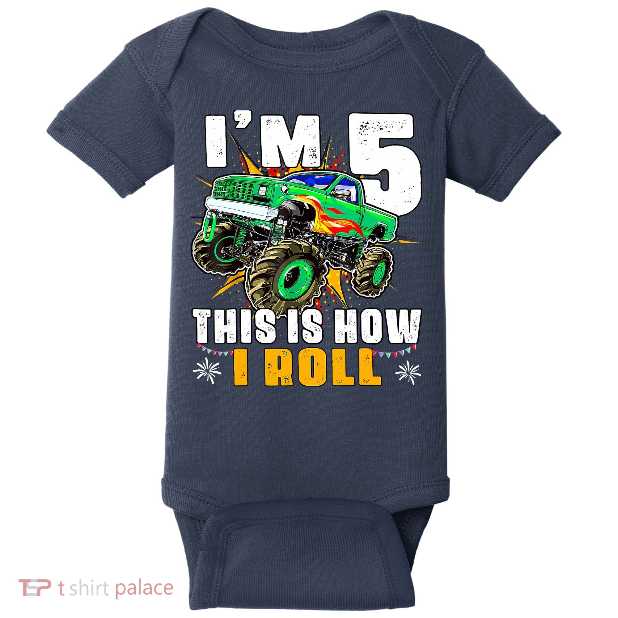 Im 5 This Is How I Roll Monster Truck 5th Birthday Boy Baby Bodysuit
