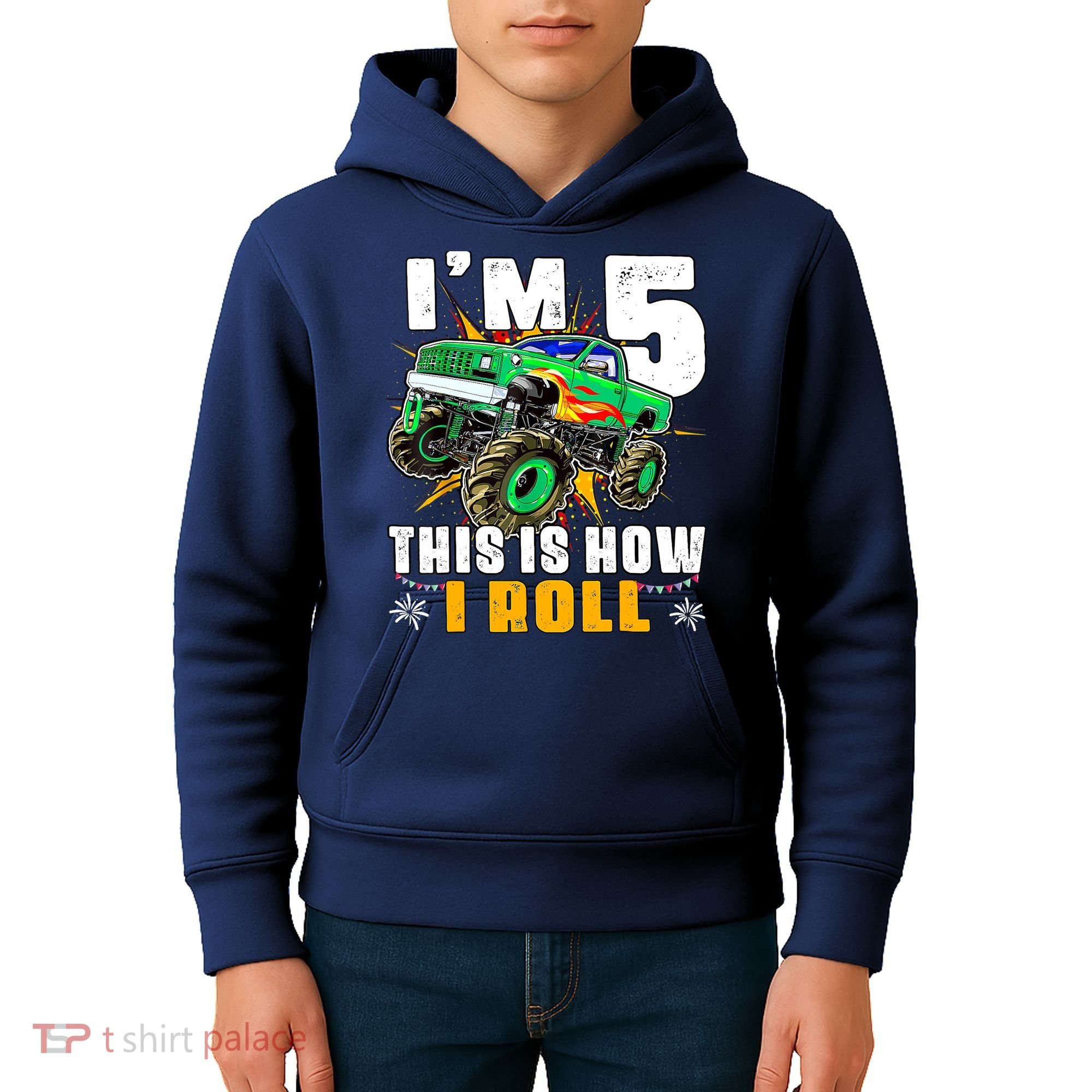 Im 5 This Is How I Roll Monster Truck 5th Birthday Boy Kids Hoodie
