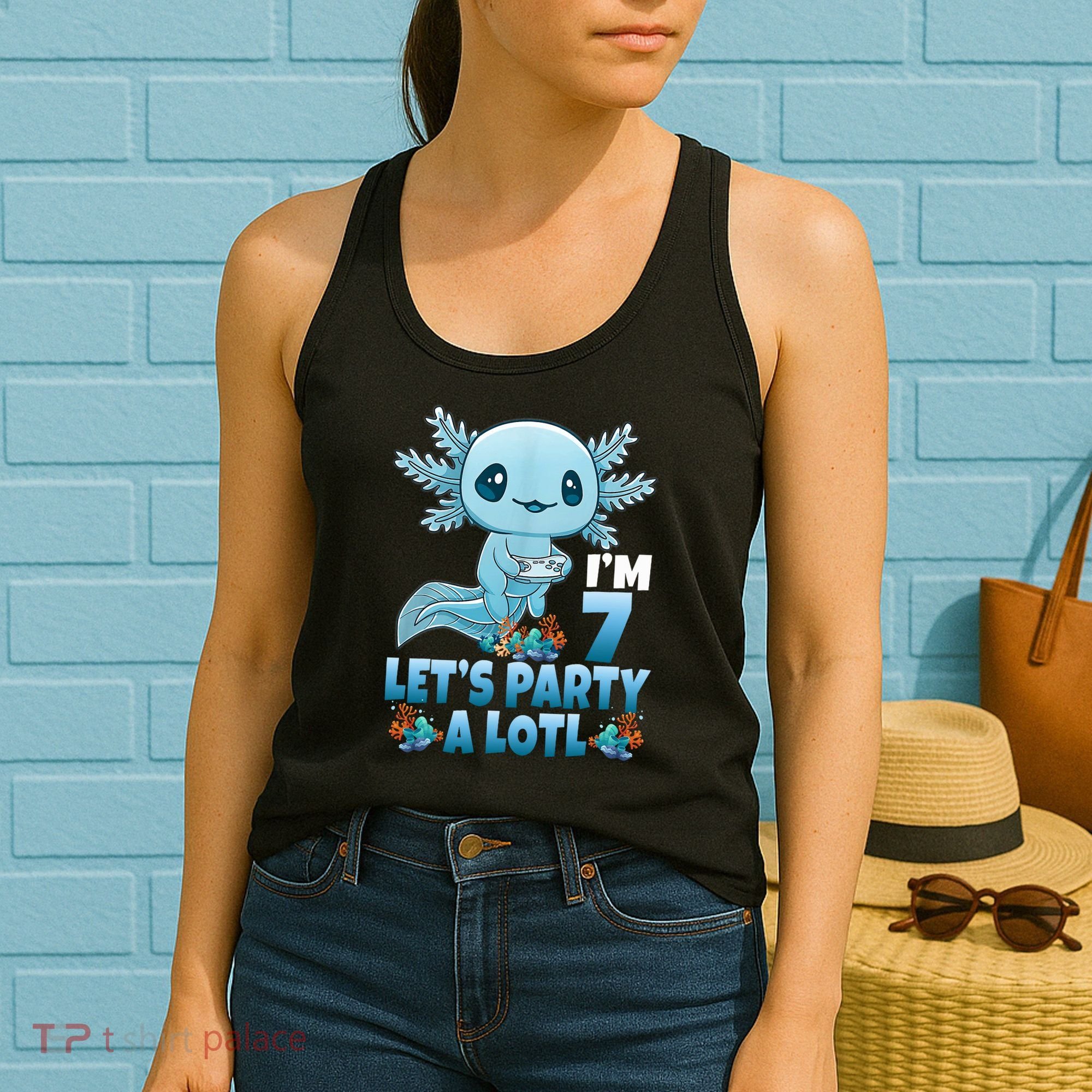 I'm 7 Let's Party A Lotl 7th Birthday 7 Year Old Axolotl Women's Tank Top