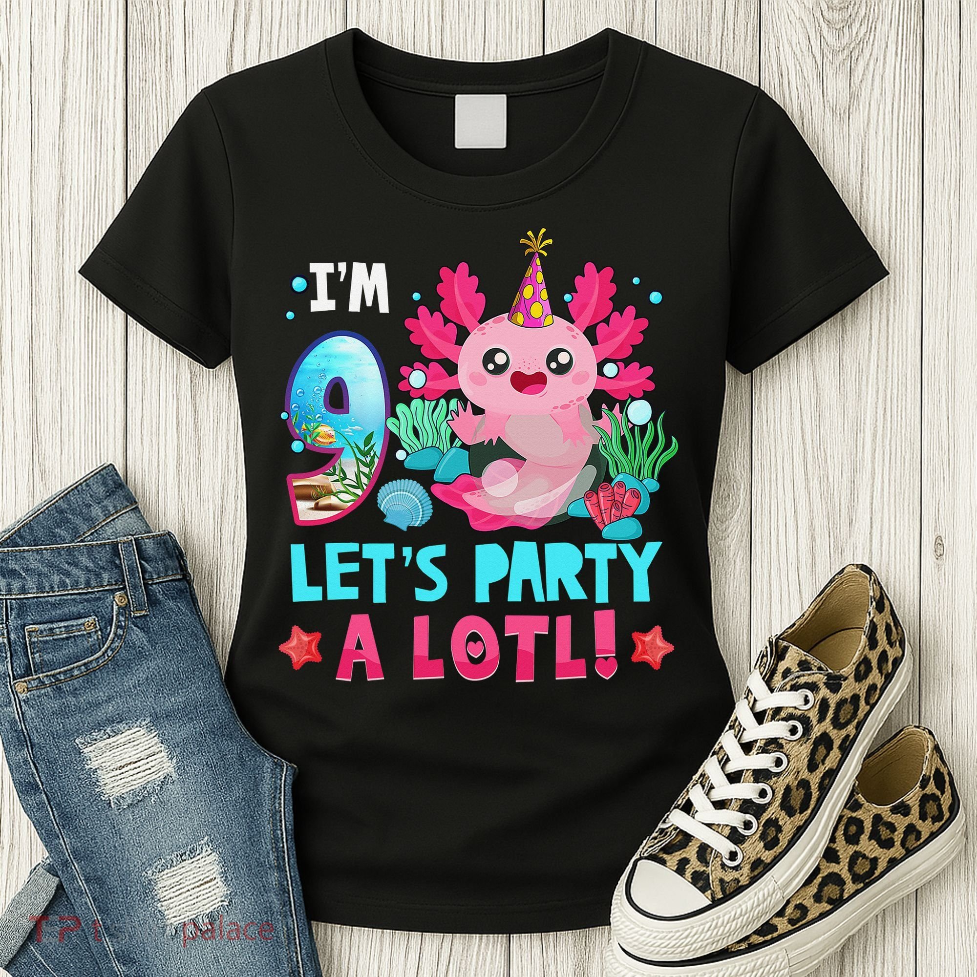 I'm 9 Years Old Let's Party A Lotl Axolotl 9th Birthday   Women's T-Shirt