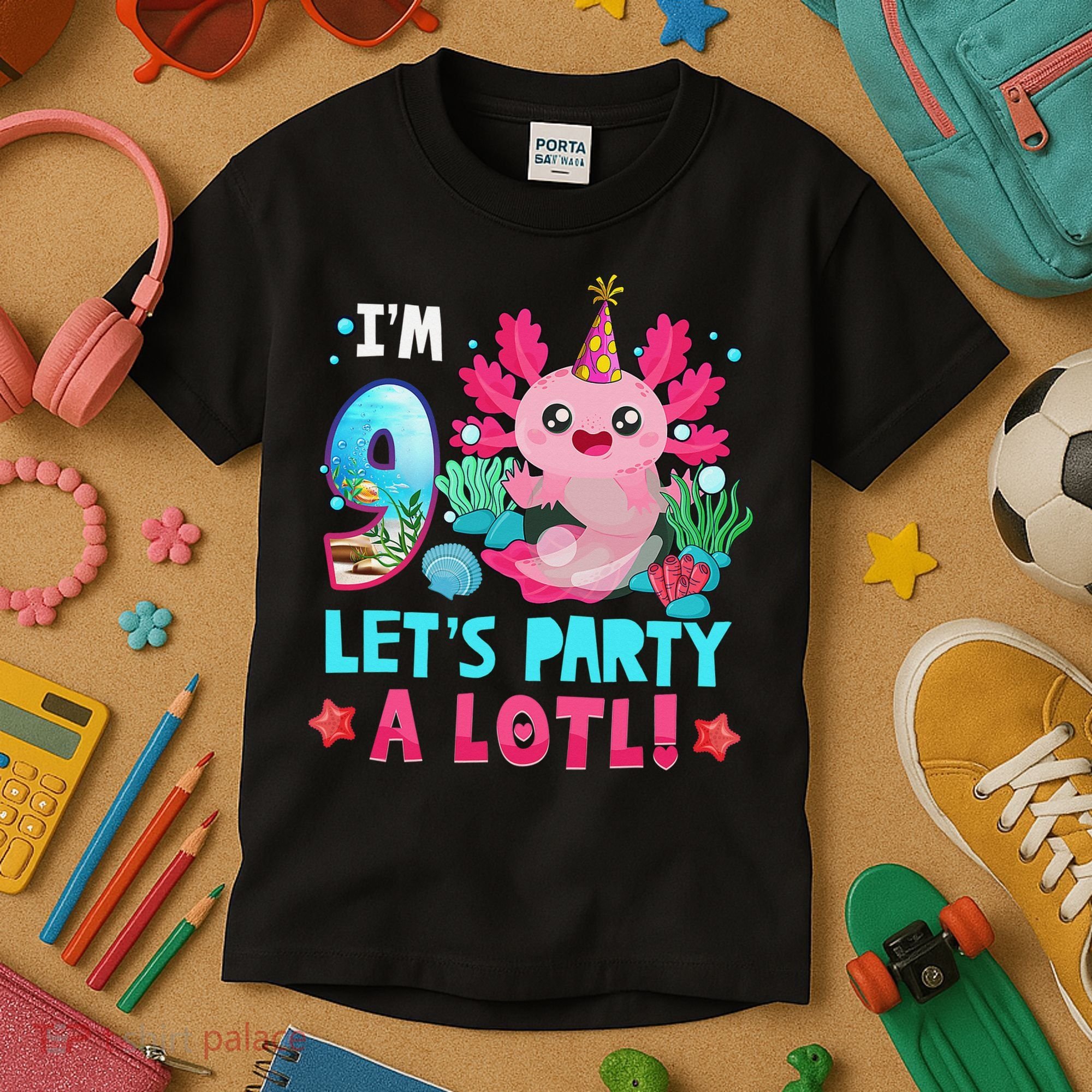 I'm 9 Years Old Let's Party A Lotl Axolotl 9th Birthday   Kids T-Shirt
