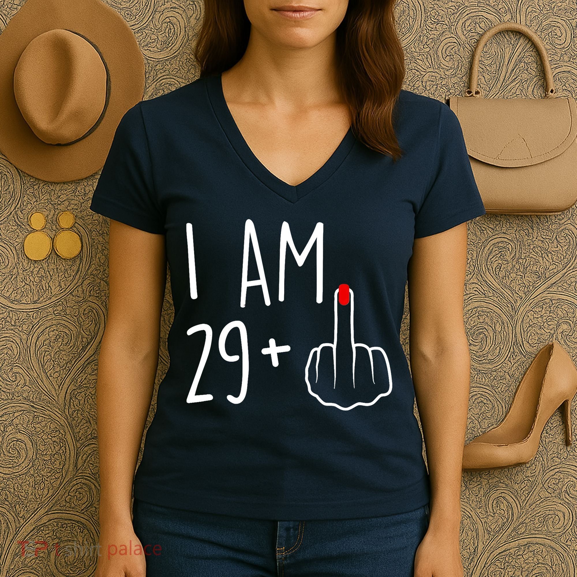 I Am 29 Plus 1 Middle Finger For A 30th Birthday For Wo Women's V-Neck T-Shirt