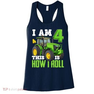 I Am 4 This is How I Roll Four Year Old Tractor 4th Birthday Women's Tank Top
